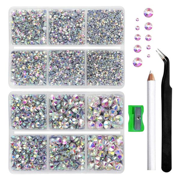 6500PCS Clear Rhinestones, Flatback Rhinestones per vestiti artigianali Colorful Nail Rhinestones Round Crystal Rhinestones, 5 misure miste con kit matita di cera (SS6-SS30)