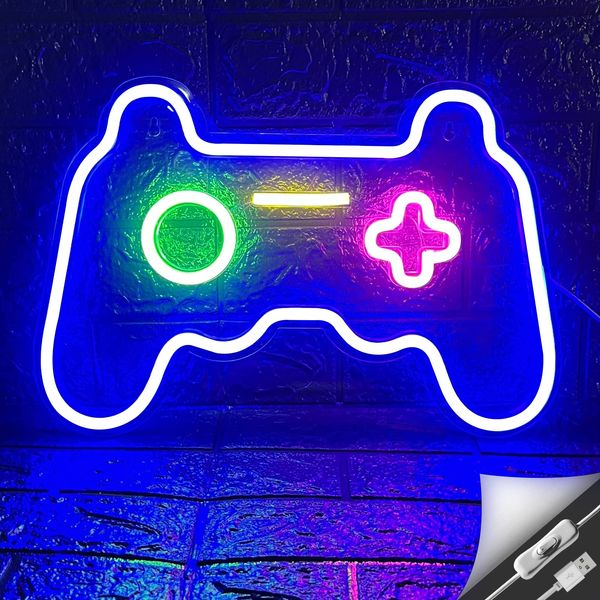 Game Neon Sign Gamepad Shape LED Neon Lights Signs for Wall Decor Gaming Controller LED Neon Signs for Boys Gamer Children Teen Room Decor Light Up Bedroom Game Room Gaming Party (Blue+Pink+Green)