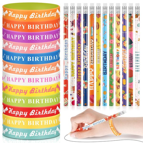 Sabary 48 Pcs Happy Birthday Pencils Rubber Bracelets Set Birthday Party Favors Birthday Pencils Silicone Wristbands Birthday Bracelet for Kids Students Teachers Classroom Reward Gifts (Cute Style)