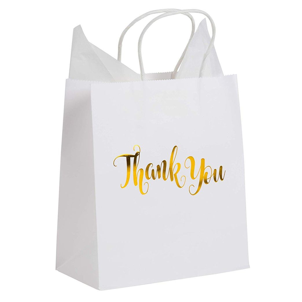 15 Pack Thank You Paper Bags for Wedding Gift, White Small Business Bag with Handles & Tissue Paper, 8x4x8.8 in