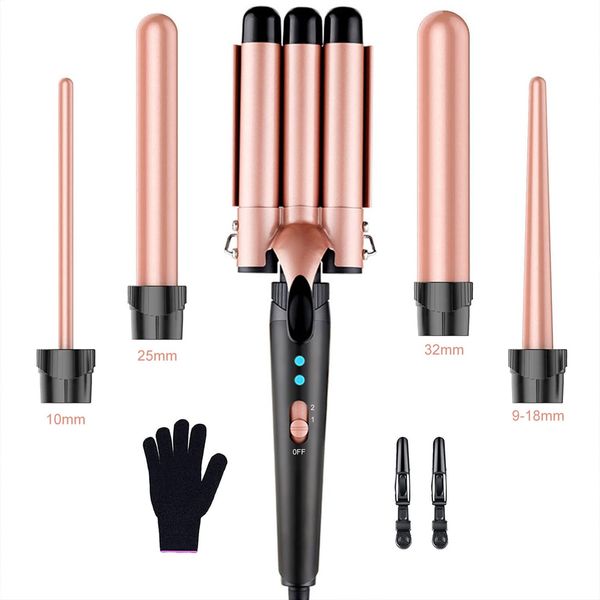 Waver Curling Iron Wand, 5 in 1 Hair Curling Iron, 3 Barrel Curling Iron Set with Protective Glove& 2 Clips, 2 Temp Heating Setting, Fast Heating Curling Wand 4 Interchangeable Ceramic Curling Wand