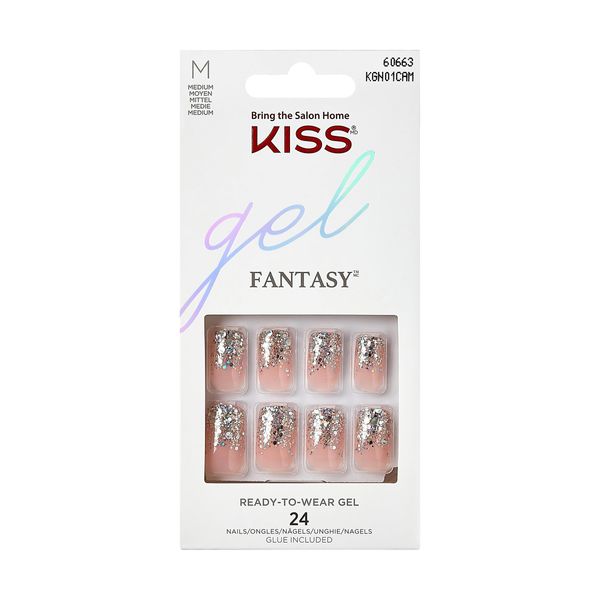 KISS Gel Fantasy Collection Glue-On Manicure Kit, Fanciful, Medium Length Square Fake Nails Includes 28 False Nails, Nail Glue, Nail File, and Manicure Stick