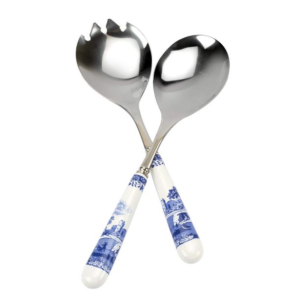 Spode Blue Italian Collection Salad Servers | 2 Piece Spoon and Fork Set | 10 Inch | Blue and White | Made of Porcelain and Stainless Steel | Italian Countryside Design