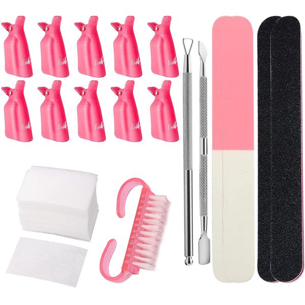 Gel Nail Polish Remover Tools Kit, VEGCOO 10 Pcs Nail Polish Remover Clips, 4 Nail Files, 200 Pcs Nail Wipe Cotton Pads, 2 Cuticle Pusher & a Nail Brush for Gel Manicure Nail Polish Removing (Pink)