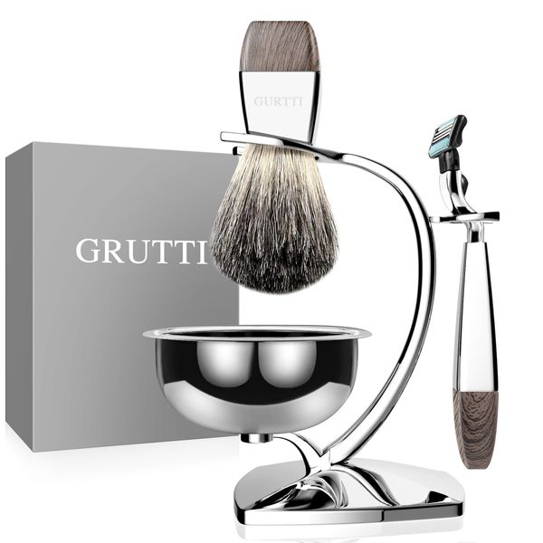 GRUTTI Shaving Set, 4pcs Chrome Stainless Steel Shaving Brush Razor Stand with Shaving Bowl and Badger Hair Shaving Brush and Safety Razor Compatible with Mach 3, Men's Shaving Brush Set