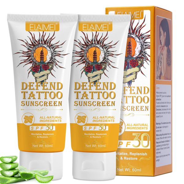 Premium Tattoo Sonnencreme, 2Pcs Sun Protection LSF50, Sonnenschutz für Tätowierte Tattoo Haut, UVA/UVB Sonnenstrahlen Schutz, Tattoo Nachsorge Sonnenschutzlotion, Wasserbeständig, 60 ml*2