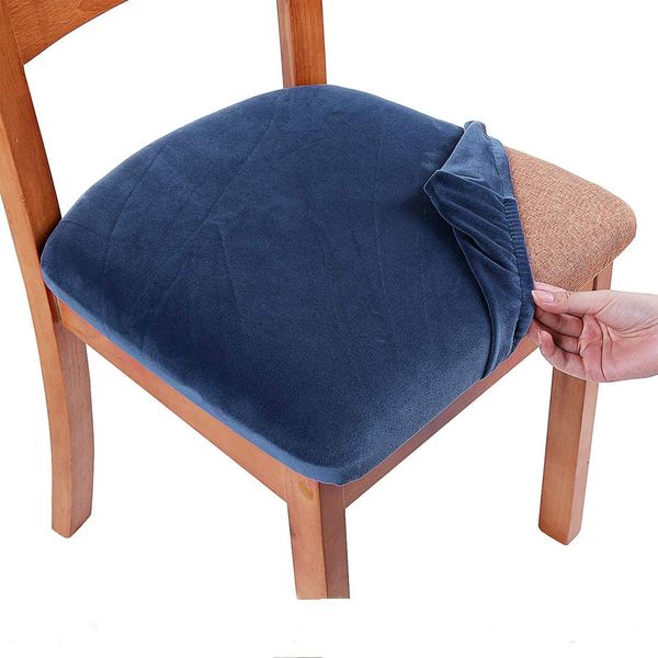 smiry Stretch Chair Seat Covers for Dining Room, Velvet Dining Chair Seat Protectors Chair Slipcovers, Set of 1, Navy Blue