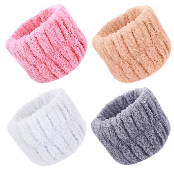 Cobee Spa Handgelenk Waschband 4 Stück Korallen Fleece Gesichtswasch Mikrofaser Handgelenk Waschtuch Armband Stirnbänder zum Waschen elastisches Haarband für Dusche Make up(Pink,Weiß,Grau,Khaki)