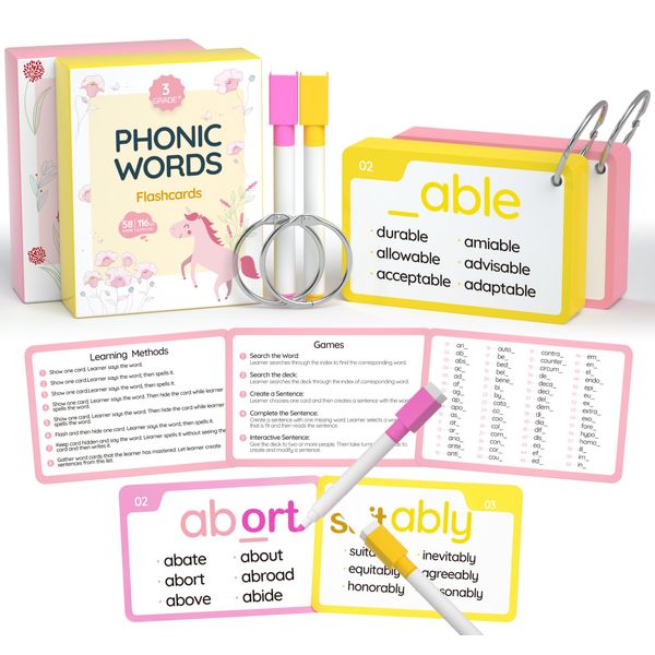 WJPC 232 Set Phonics Suffix Prefix Words Flash Cards,Sigh Words Flash Cards, Phonics Flash Cards for 7,8,9,10,11,12 Years 2nd, 3rd, 4th, 5th Grade Boys&Girls&Kids Learning Writing Reading