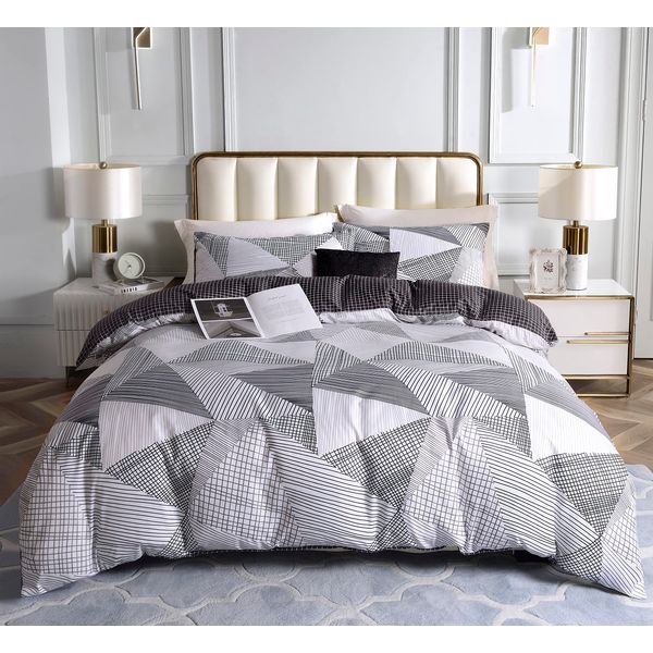 Lekesky Duvet Cover Double Size,Comforter Covers with Reversible Printed,3pc 100% Washed Microfiber Soft Bedding Set with Zipper & Ties(1 Comforter Cover 200x200+2 Pillow Cases), Grey