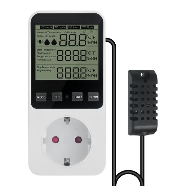 Feuchtigkeitsregler, Hygroostat Steckdose Feuchteregler mit Fühler 230V, Digitaler Hygrostat Feuchteregler, Feuchtigkeit Regler mit Alarm für Luftbefeuchter Luftentfeuchter Pilz Terrarium