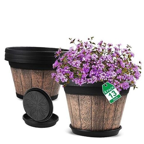 Large Plastic Plant Pots Set of 4 Pack13 inch,Whiskey Barrel 13 inches