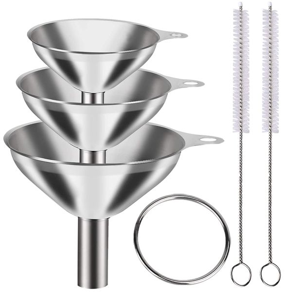 6Pcs Metal Stainless Steel Funnel, Large Small Funnel Set of 3 Food 2 Brushes