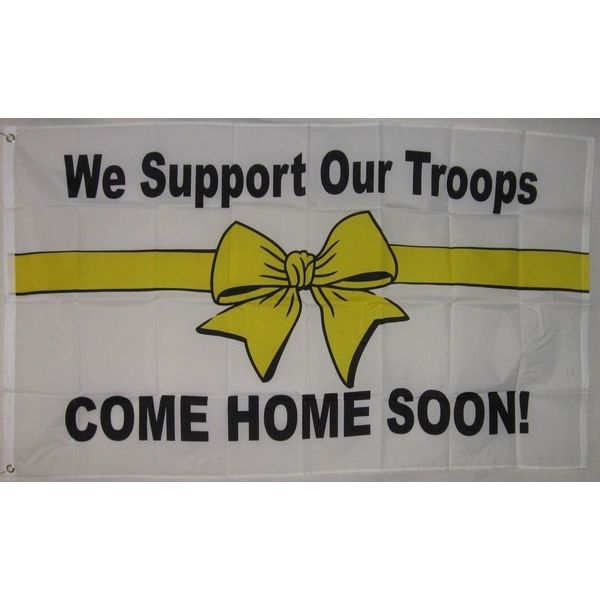 WE SUPPORT OUR TROOPS, COME HOME SOON! Flag 3x5 ft Yellow Ribbon Military Vets