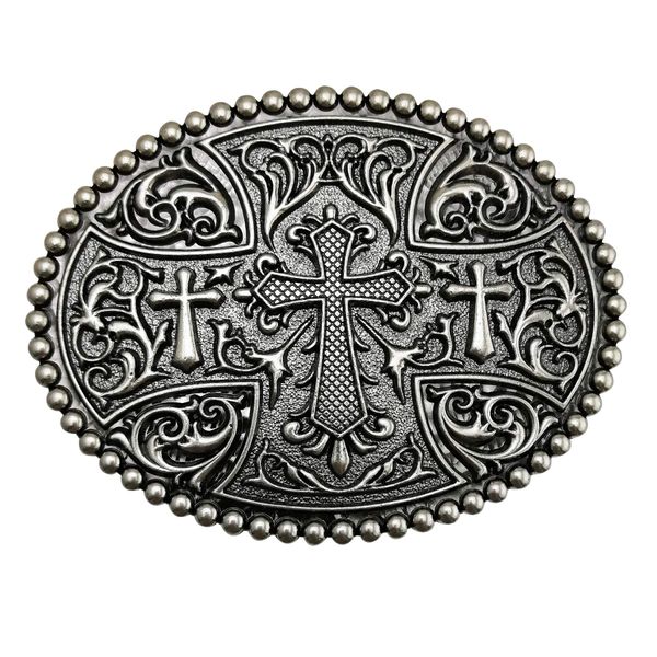 LAXPICOL Native American Big Heavy Duty Vintage Celtic Pattern Cross Oval Belt Buckle For Men Grey Tone