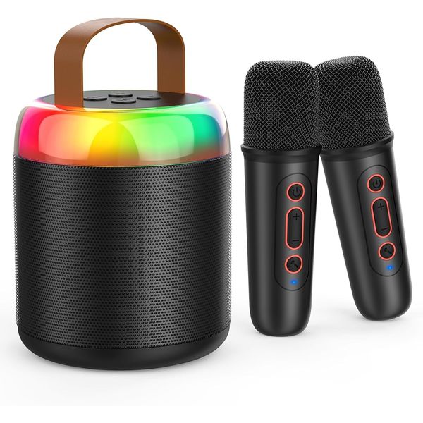 Iyoyo Mini Karaoke Machine for Kids Portable Bluetooth 5.3 Speaker Led Lights with 2 Wireless Microphones Karaoke Toy Gifts for Girls Boys Audlt Birthday Christmas Solid Metal Body (Black)