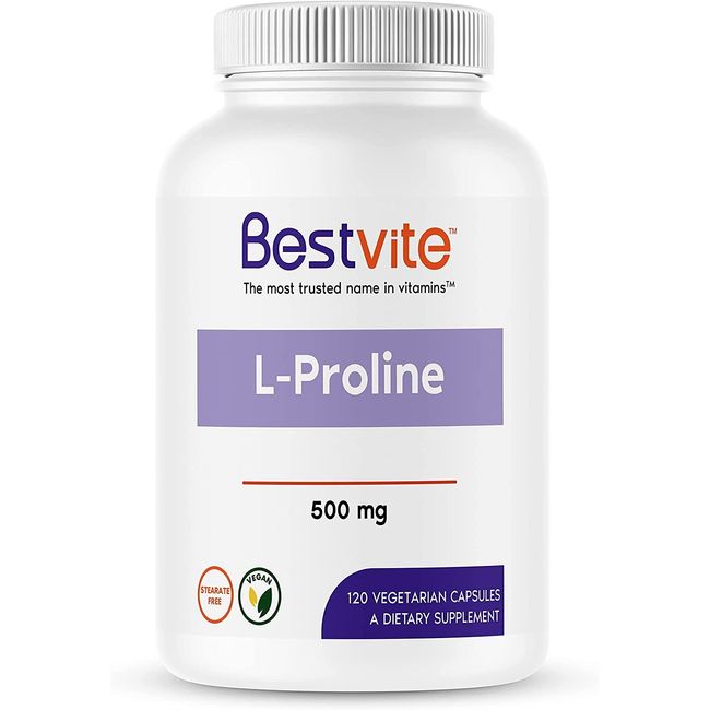 L-Proline 500mg (120 Vegetarian Capsules)- No Stearates- No Fillers- Vegan