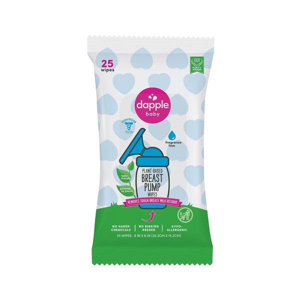 Breast Pump Wipes by Dapple Baby, 25 Count, Fragrance Free, Plant Based & Hypoallergenic Breast Pump Wipes - Removes Milk Residue, Leaves No Taste - Convenient Wipes Pouch