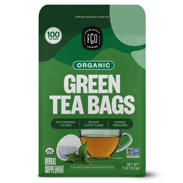 FGO Organic Green Tea, Eco-Conscious Tea Bags, 100 Count, Packaging May Vary (Pack of 1)