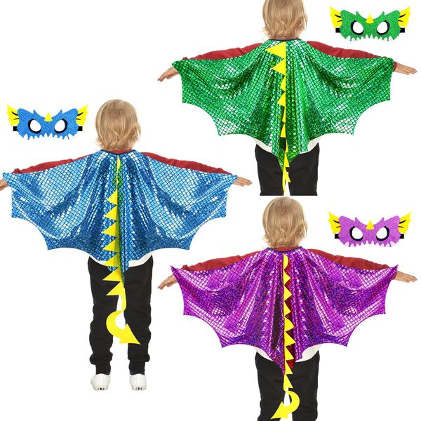 IROLEHOME Dinosaur-Dragon-Wings-Costume for Kids and Dino-Masks Boys Girls Toddler Dress-Up Clothes as Birthday Party Gifts