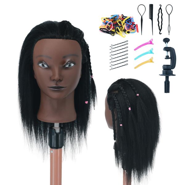 Mannequin Head Human Hair 14", Cosmetology Mannequin Head 100% Real Human Hair for Braiding Hairdresser Practice Styling with Free Clamp Holder