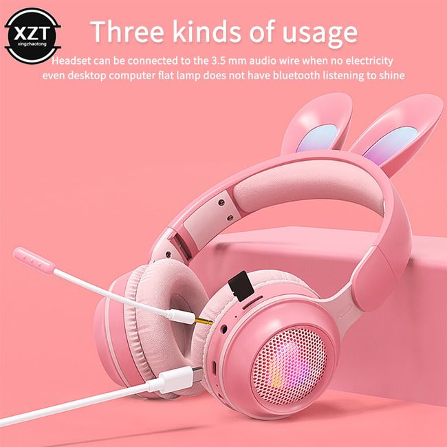 RGB Rabbit Ear Headsets Bluetooth Wireless LED Headphones For Children's  Gamer