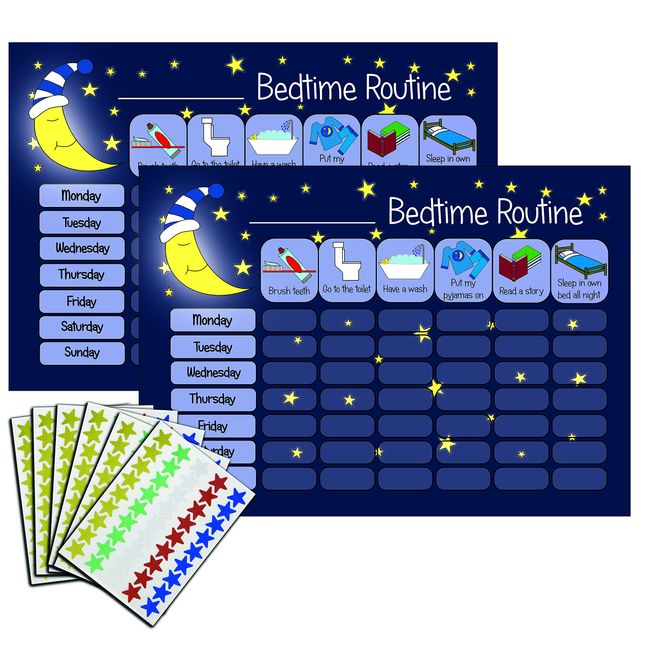 kids2learn Children's Bedtime Routine Chart Reward Chart for Sleep Training Twin Pack (2 x Dark Blue) for boys girls toddlers With 270 Star Reward Stickers Included