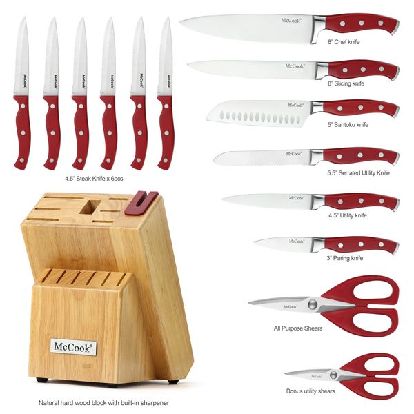 McCook® Stainless Steel Kitchen Knife Sets with Wooden Block, Kitchen Scissors and Built-in Sharpener, Red