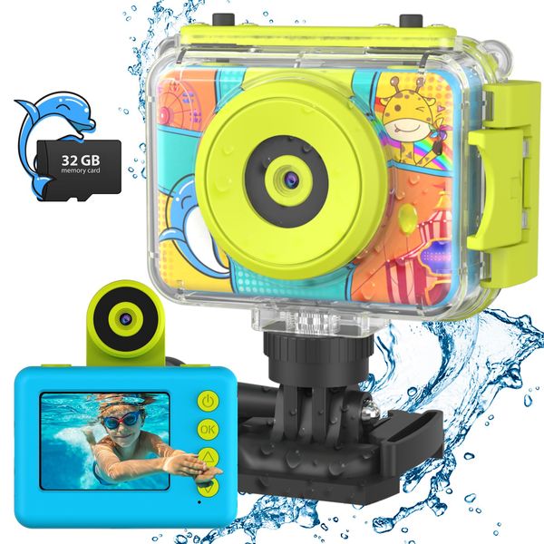 Kids Digital Camera,Kids Underwater Camera,20MP 1080P Waterproof Kids Selfie Camera with 32G SD Card,Children Action Sports Camera for Outdoor Helmet,3-12 Years Old Girl Boy Birthday Gifts Camera Toys