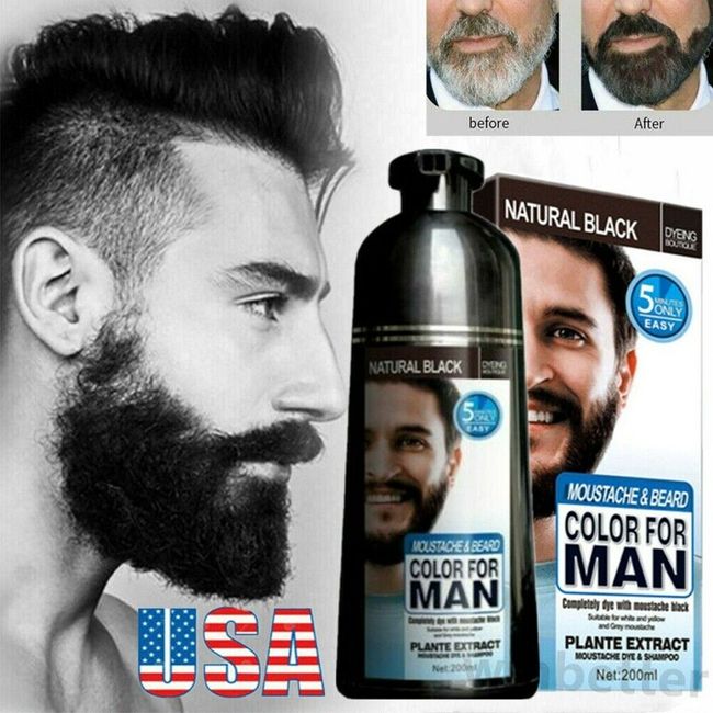 2 in 1 Men Beard Mustache Natural Hair Color Shampoo Permanent Black Dye 200ml