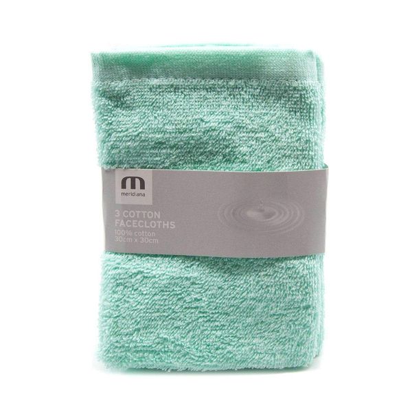 MERIDIANA Super Soft 100% Cotton Family Washcloths. Machine Washable. Pastel Green. 3 Pack. 30cm X 30cm.1 Units