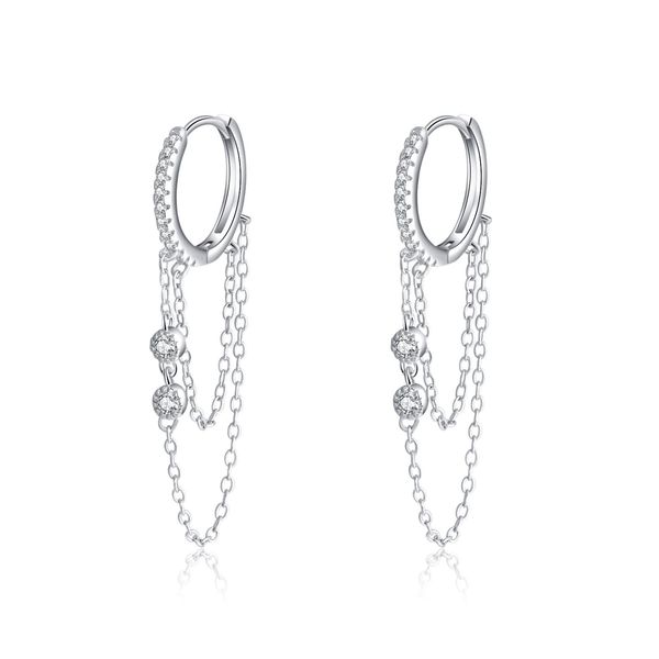 Reffeer Solid 925 Sterling Silver Chain Drop Earrings Hoop for Women Earrings CZ Hoop Chain Earrings Dangle (A-Silver)