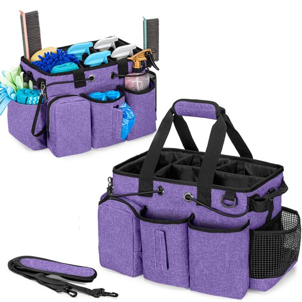 LoDrid Large Professional Cleaning Caddy with Detachable Divider, Supply Organizer with Handle and Shoulder Strap, Cleaning Bags for Housekeepers & Cleaners, Purple