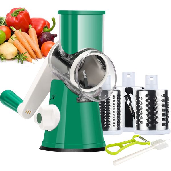 Ourokhome Rotary Cheese Grater Shredder, Round Mandolin Slicer Vegetable Cutter with 3 Stainless Steel Drum Blades, Food Grinder for Veggie, Potato, Carrot, Nuts, Garlic, Radish, etc. Emerald