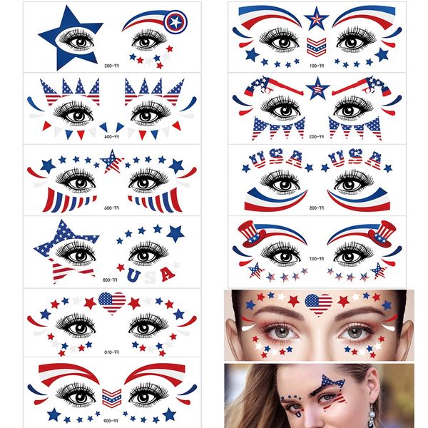 10 Sheets 4th of July Face Tattoo Stickers for Kids Adults Independence Day Temporary Tattoo Red White Blue USA Flag Star Hat Heart Patriotic Party Supplies Fake Tattoos for Eye Makeup Face Decor