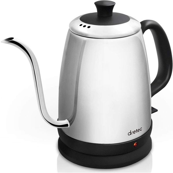 dretec Electric Kettle Stainless Steel Coffee Drip Pot Slim Spout 34 fl oz (1.0L) PO-135, sliver