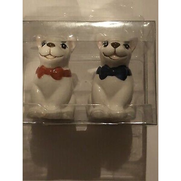 White Bulldogs w/ Red Blue Bows Salt & Pepper Shakers Ceramic Dog Pet Decor 3.5”