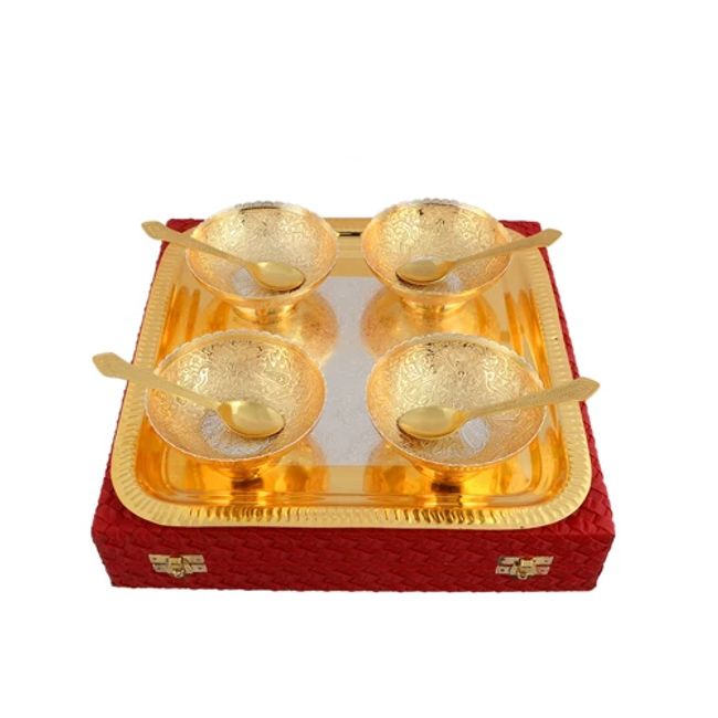 Silver & Gold Plated Brass Peacock Carving Bowl Set 9 Pcs. (Bowl 4" Diameter & Tray 10" x 10") IND