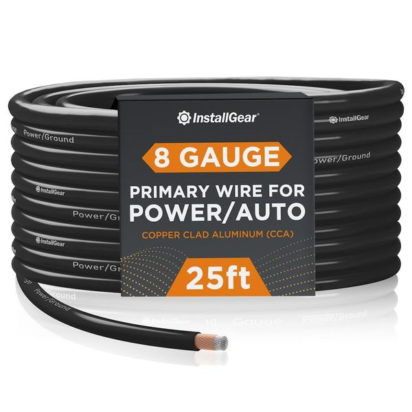 InstallGear 8 Gauge Wire (25ft) Copper Clad Aluminum CAA - Primary Automotive Wire, Car Amplifier Power and Ground Cable, Battery Cable, Car Audio Speaker Stereo, Welding Cable 8 Gauge Amp Wire