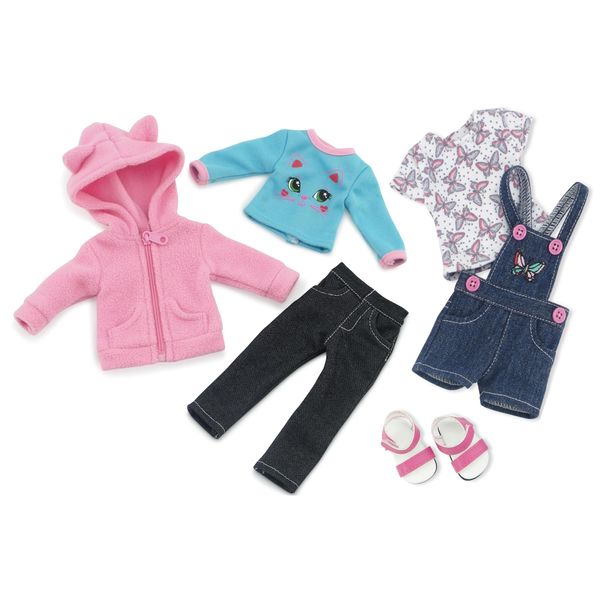 Emily Rose 14 Inch Doll Clothes 3 PC Overall Jean Shorts Outfit with Sandals Bundled with a 3 PC Pink Fleece Coat Jacket (with Ears!) Gift Set, Including Stretch Jeans and Fun T-Shirt!