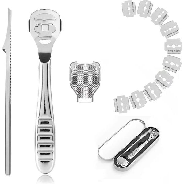 Stainless Steel Foot Scraper Set-Foot File Dead Hard Skin Remover Feet Callus Remover Foot Rasp Heel Corn Removal Pedicure Kit with 10 Replacements,Dead Skin Fork