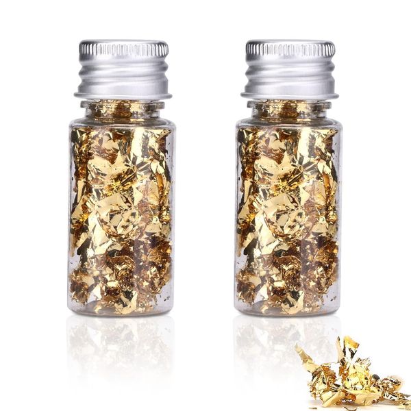 2 Pcs Gold Leaf Flakes,2 Bottles Gold Leaf Flakes Foil,Edible Gold Leaf,Gold Cake Sprinkles Gold Cake Board Multifunction Foil Paper Food Decorating Foil Paper,Cupcake Cake Toppers for Chocolate