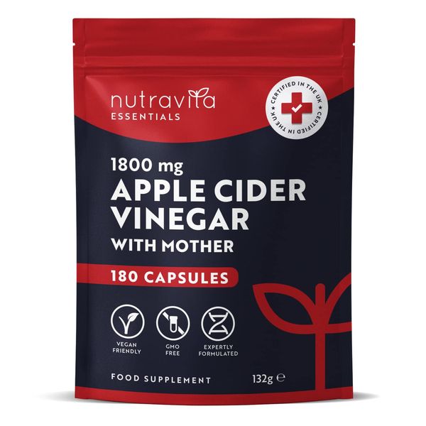 Apple Cider Vinegar Capsules 1800mg - ACV with Mother - 180 High Strength Vegan Capsules from UK Grown Apples, 60 Day Supply - Alternative to Apple Cider Vinegar Tablets - Raw & Unfiltered - Nutravita