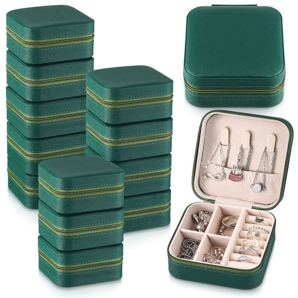 Yinkin 12 Pcs Mini Travel Jewelry Case Bridesmaid Proposal Gift Boxes Small Jewelry Organizer PU Leather Earring Organizer Box Bulk Travel Accessories Portable Travel Jewelry Holder (Green)