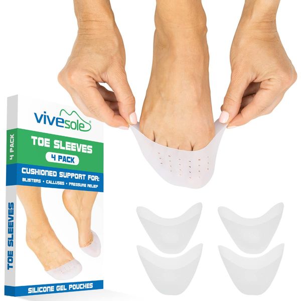 Vivesole Toe Sleeves 4 PCS- Silicone Gel Sock Pads - Topper Cover Protector Pouch - Men, Women Big Toe Protection Cushion for Ball of Foot, Metatarsal, Ballet Pointe Cap, Morton's Neuroma