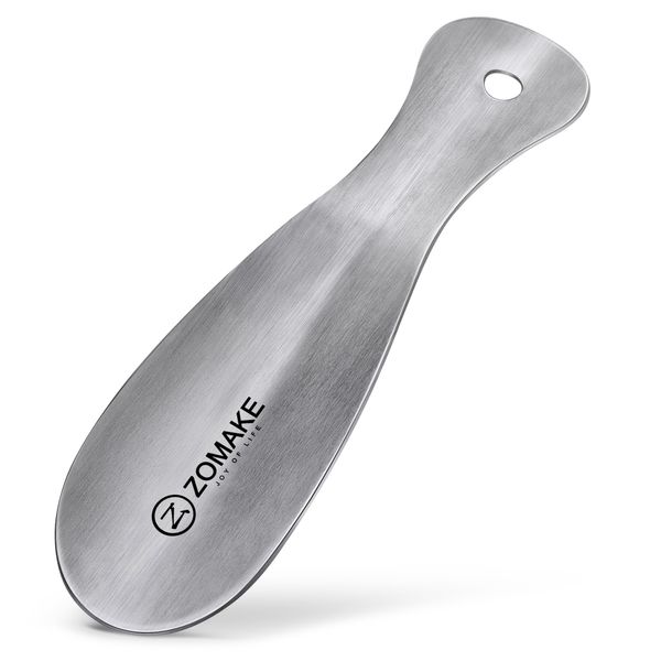 ZOMAKE Metal Shoe Horn Small Shoehorn 7.5 inch - Travel Shoe Horns for Seniors Men Women Kids - Stainless Steel Shoe Horn with Hook (Silver)