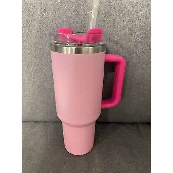 40oz 2 Tone Dark & Light Pink Tumbler Cup w/Handle & Straw -Insulated Travel Mug