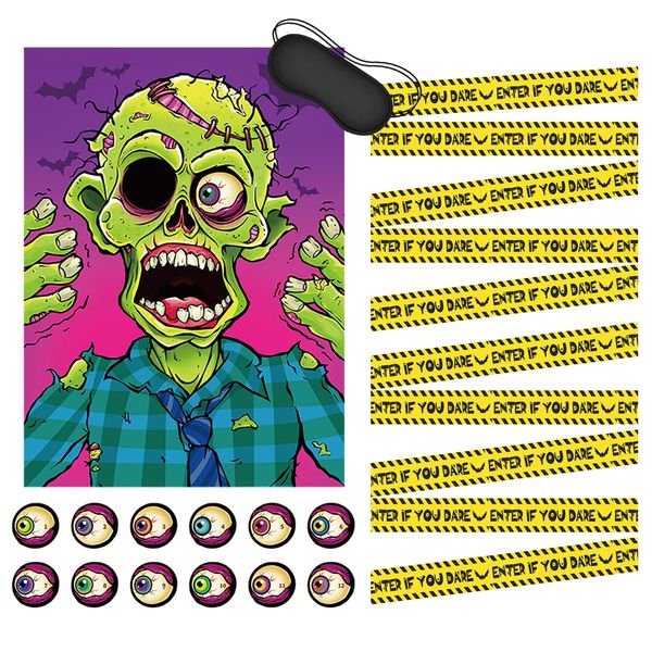 2 Pack Halloween Party Favors Pin the Eyeball on The Zombie and Fright Tape, Pin the Tail Games with Eyeballs and Blindfold for Kids Zombie Party Supplies, Caution Tape for Halloween Decorations