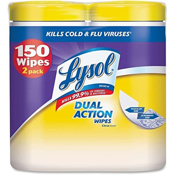 Lysol Dual Action Disinfecting Wipes w. Scrubbing Texture 75 Pack of, White, Citrus, 150 Count, (Pack of 2)