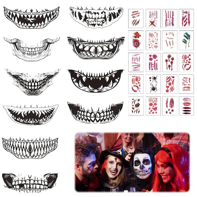 Halloween Tattoo Gesicht, 30 Blätter Tattoo Halloween Tattoos, Halloween Temporäre Tattoos, Wasserdichte Terror Wunde Clown Horror Mund Tattoo Aufkleber, für Halloweenkostüm Gruselparty Maskerade